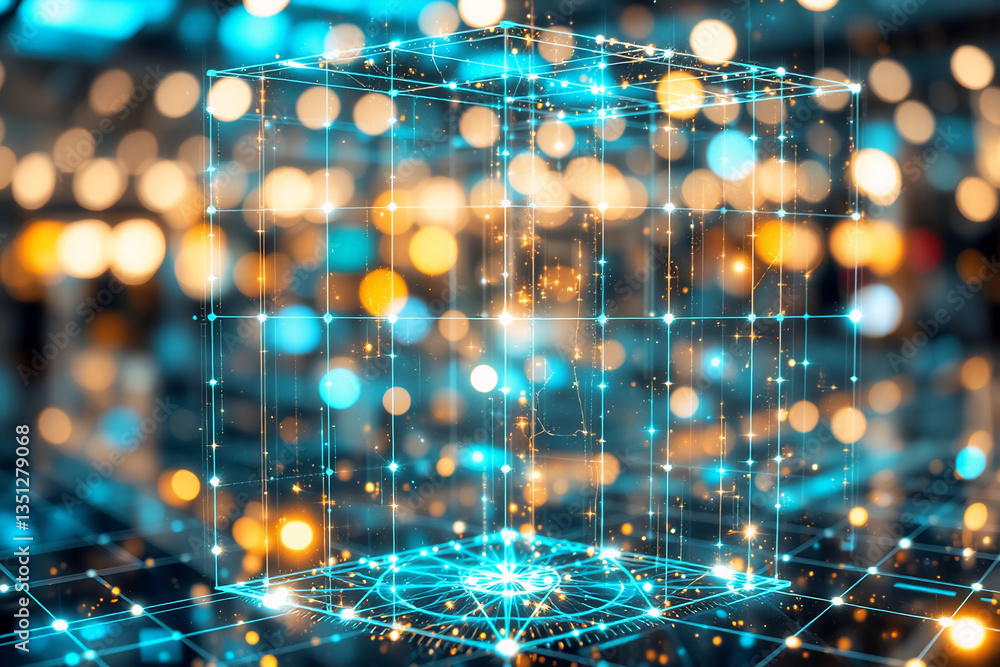 Poster a luminous blue cube formed by connected dots and lines, evokes digital technology. blurred orange a