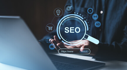 SEO digital marketing strategy with holographic HUD interface.