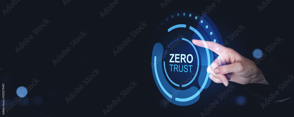 Poster cybersecurity zero trust concept with hand touching digital interface.