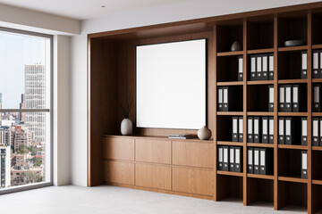Modern office interior with blank framed poster on wooden wall. 3D Rendering