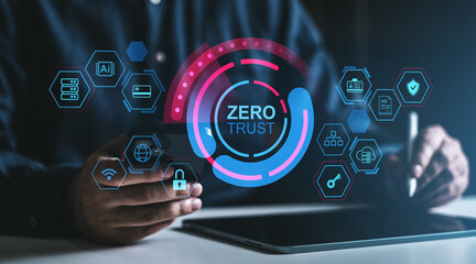 Zero trust security concept with hologram icons.