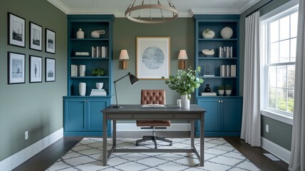 home office, modern workspace, stylish interior, elegant decor, blue bookshelves, built-in storage, wooden desk, leather chair, contemporary design, professional workspace, cozy office, interior decor
