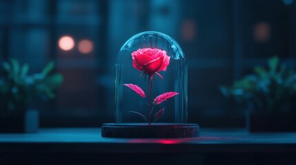 Naklejka premium A Beautiful Red Rose Under Glass Dome with Ethereal Lighting in a Soft Focus Background Setting Perfect for Romantic and Artistic Themes