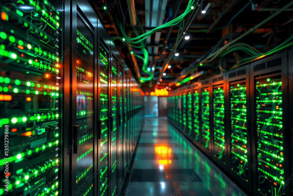 Poster a long corridor filled with server racks glows green and orange. cables run along the ceiling in a d