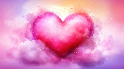 Fototapeta premium A fluffy heart-shaped cloud floats serenely in a bright blue sky, surrounded by wispy white clouds, creating a dreamy and romantic atmosphere perfect for a whimsical backdrop.