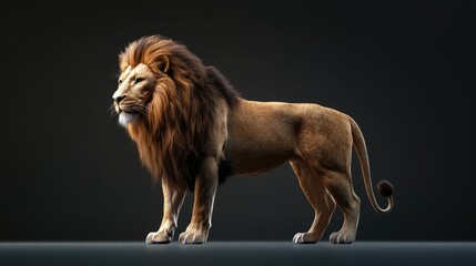 Obraz premium Majestic lion standing proudly against a dark backdrop, showcasing its powerful physique and vibrant mane