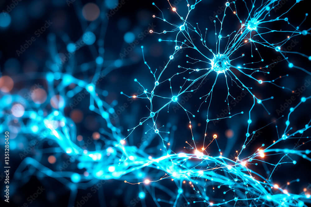 Poster abstract glowing network of blue and orange lines resembling neurons. it depicts complex connections