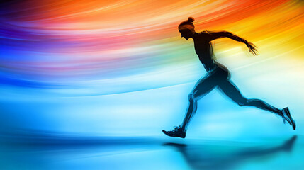 Dynamic action scene of a person running in a colorful light display with rapid brush movements illustrating motion and energy.