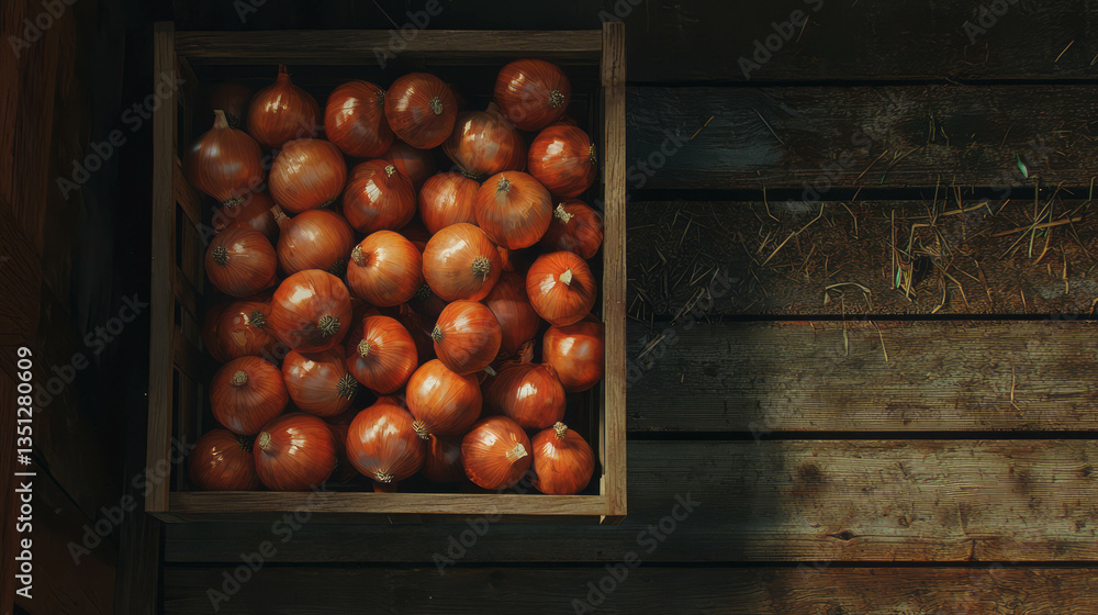 Poster rustic wooden crate full of fresh onions in natural light setting