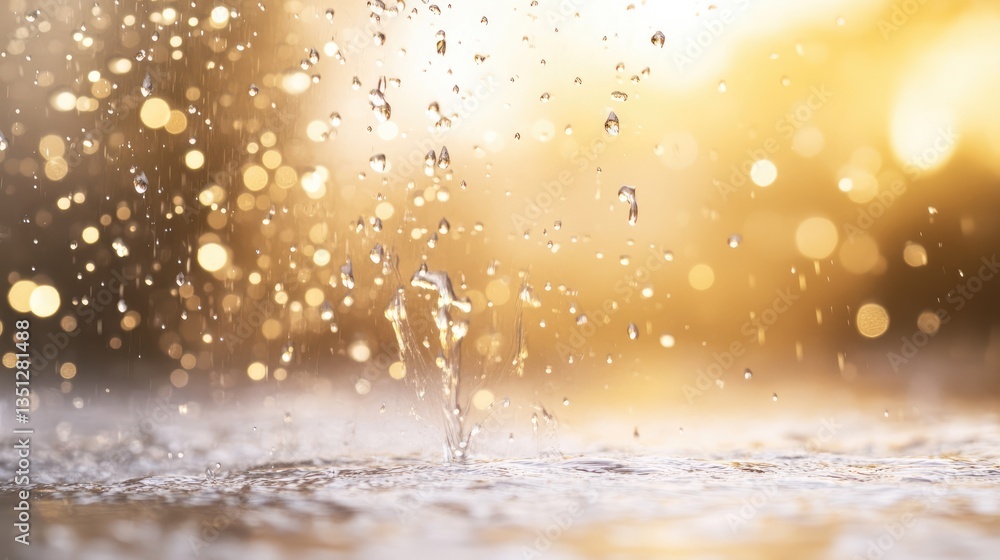 Poster close-up of water droplets splashing in golden sunlight, creating a dreamy atmosphere with blurred b