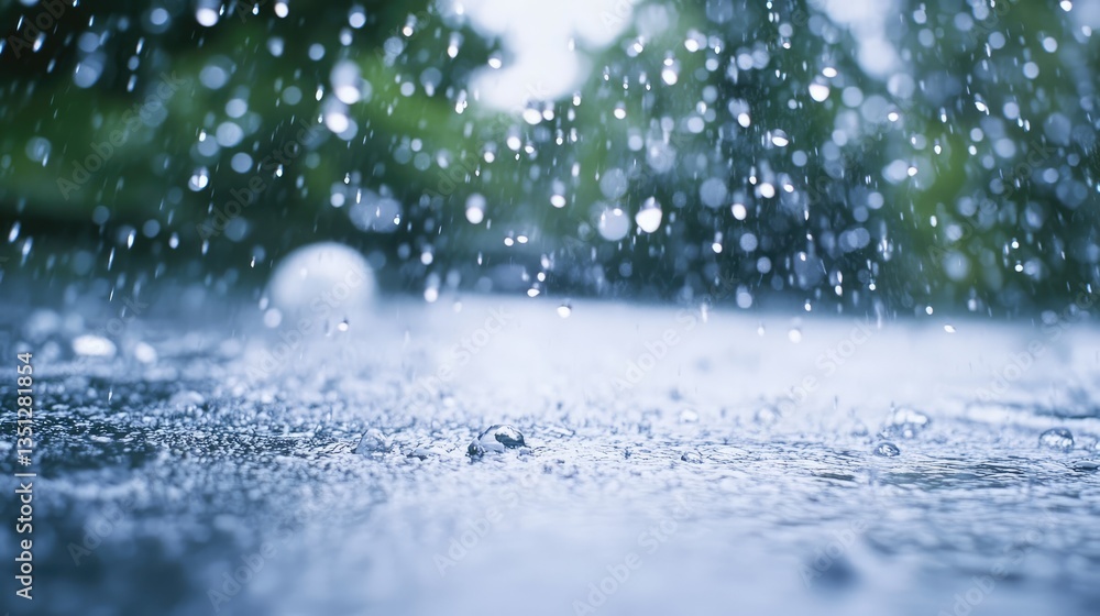 Poster Close-up view of raindrops falling on a wet surface, with blurred greenery in the background, creating a serene atmosphere