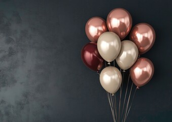 Festive Balloon Bunch in Rose Gold, Burgundy, and Cream Tones Against a Dark Background