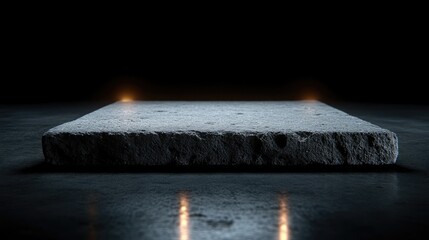 Gray stone slab platform, illuminated by spotlights