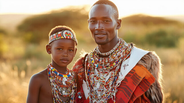 Maasai father and son portrait traditional beaded jewelry African savanna sunset