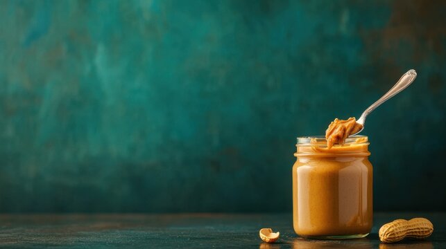 Creamy peanut butter in a glass jar with a silver spoon and peanuts on a rustic wooden table against a textured teal background
