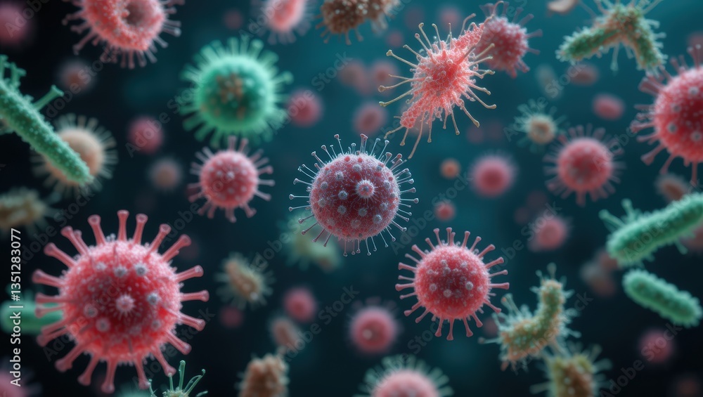 Poster microscopic visualization of viruses and bacteria in a colorful, abstract representation