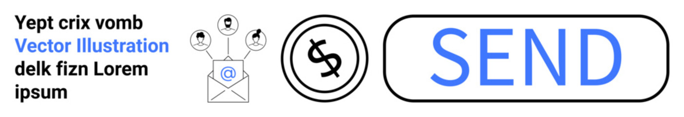 Obraz premium Envelope with social icons and email symbol, dollar currency symbol, blue Send button. Ideal for payment systems, messaging apps, online transactions, communication, finance, marketing technology