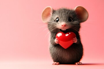 Mouse - my treasured animal. Cute mouse baby with diamond red heart - emblem of love, funny greeting card. Marketing creative. Digital ads visual picture. Valentine's zoo theme. Love concept.