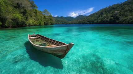 Fototapeta premium Tranquil wooden boat in crystal-clear turquoise lagoon. Lush tropical island scenery