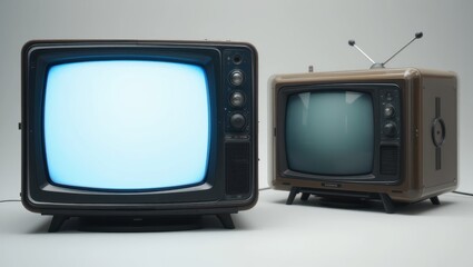 Retro Vintage Television Sets With Blank Screens Isolated on Grey Background