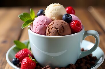 Set of different flavors of ice cream with berries and mint leaves on the blue mug. Strawberry, berry, vanilla, chocolate, pistachio. Wooden background