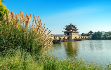 Seventeen-hole bridge (Double Dragon Bridge) in Jianshui County, China. Construction during the Qianlong period of the Qing Dynasty has been