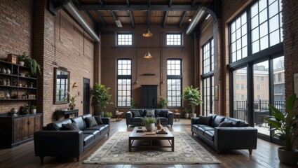 Spacious Industrial Loft Living Room Featuring Large Windows and Leather Furniture with Green Plants