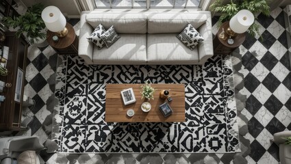 Spacious Living Room Interior with Modern Black and White Patterns Featuring Comfortable Sofa