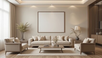 Spacious Minimalist Living Room with Comfortable Beige Sofa and Decorative Plants in Natural Light