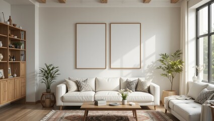 Spacious Modern Living Room with Cozy Sofa Natural Light and Minimalist Design Elements