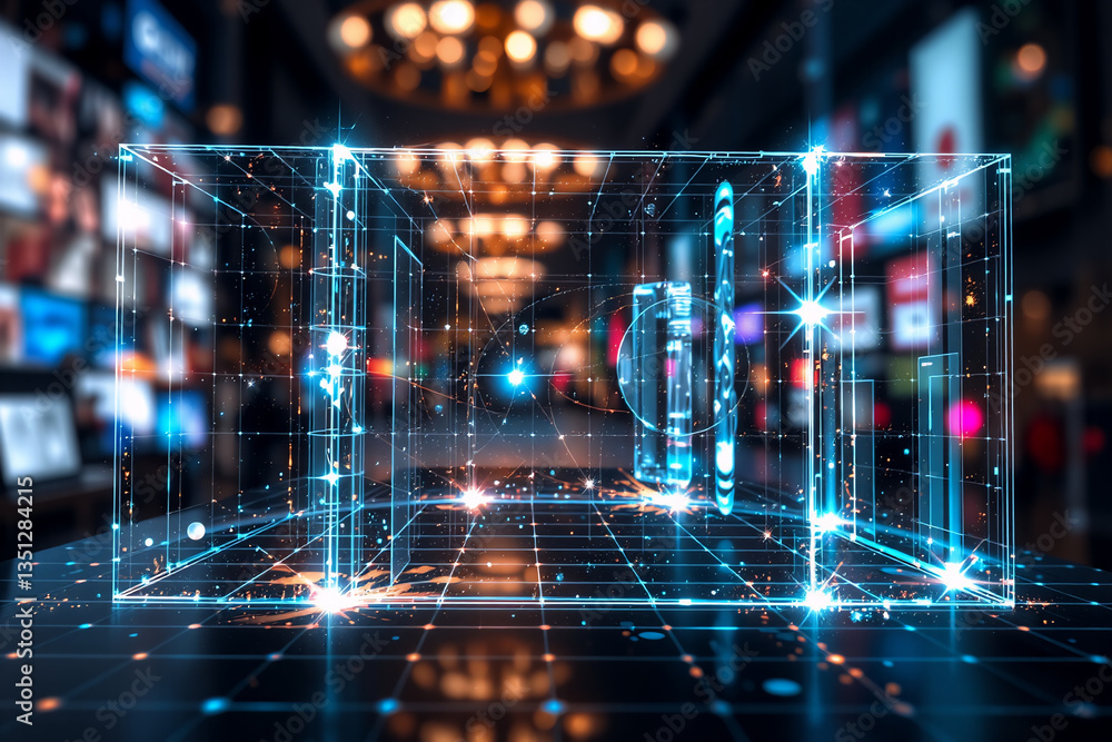 Poster futuristic blue cube structure dominates a blurred indoor space. a digital grid and glowing lights c
