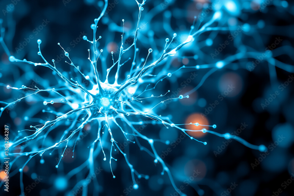 Poster glowing blue neuron cell with branching dendrites and axons on a dark backdrop. depicts a biological