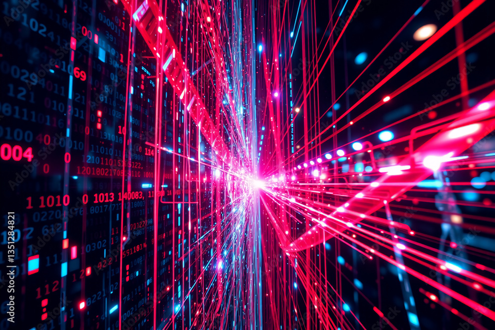 Poster abstract digital art featuring vibrant red and blue lines streaking through a backdrop of binary cod