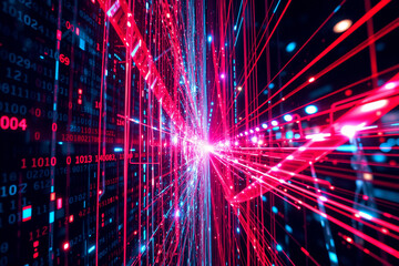 Abstract digital art featuring vibrant red and blue lines streaking through a backdrop of binary code. Evokes speed, technology and futuristic concepts in a dynamic visual.