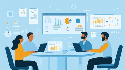 Team analyzing data charts, meeting room, project discussion, business strategy