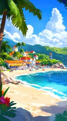 Naklejka premium Beautiful coastal town with beach view and palm trees illustration
