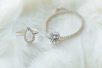 A teardrop-shaped diamond ring next to a delicate drop diamond necklace, softly arranged on a bright white feather surface.