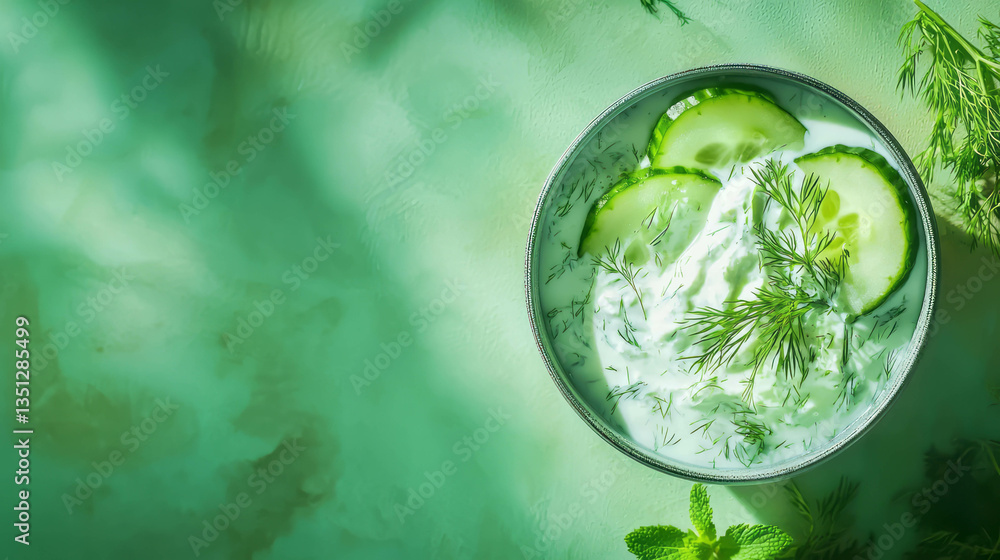 Poster Fresh cucumber and dill soup with creamy yogurt garnish in refreshing summer setting