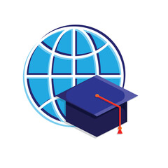 graduation icon. graduation cap toga vector with globe. explaining education, learning outcomes, bachelor. for events, celebrations, flyers. 3d color simple design style