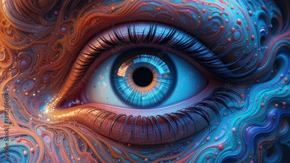 Poster close-up of a colorful abstract eye with vivid blue iris surrounded by intricate patterns and textur
