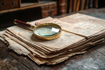 A magnifying glass rests on a stack of antique, handwritten documents, revealing details of aged paper and historical script.