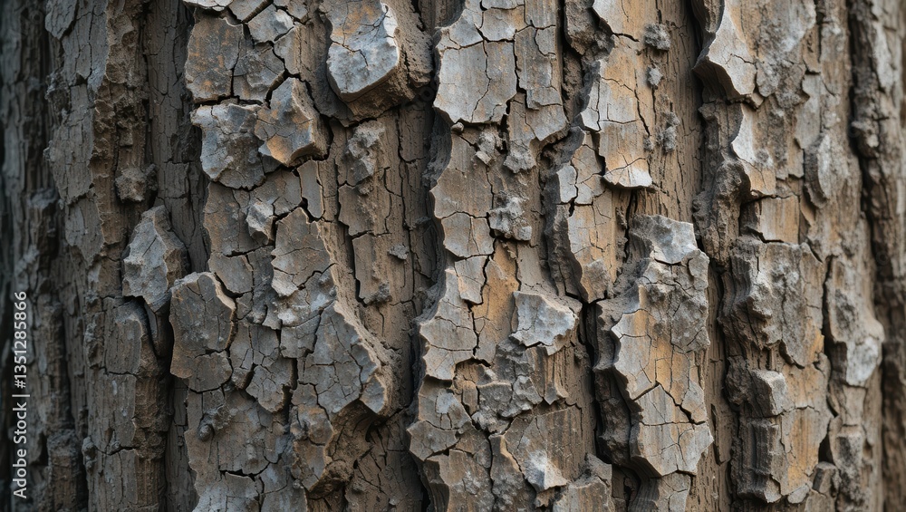 Poster close-up of textured tree bark showing cracked surface and natural patterns in a forest environment
