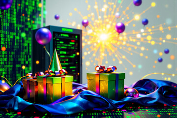 Festive server room with gifts, balloons, and party hat. Celebration with vibrant lights and ribbons on a digital backdrop.