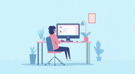 Fototapeta premium A business person employee sitting at their desk, engaging in an online meeting with colleagues on the screen, remote work, working from home, freelance concept