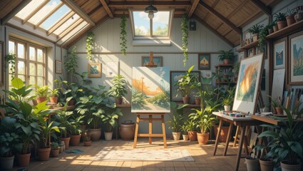 Naklejka premium Cozy Greenhouse Art Studio with Abundant Plants and Bright Natural Light in a Sunny Interior