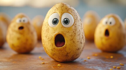 Obraz premium A whimsical scene featuring surprised cartoon potatoes with wide eyes and open mouths on a rustic wooden table
