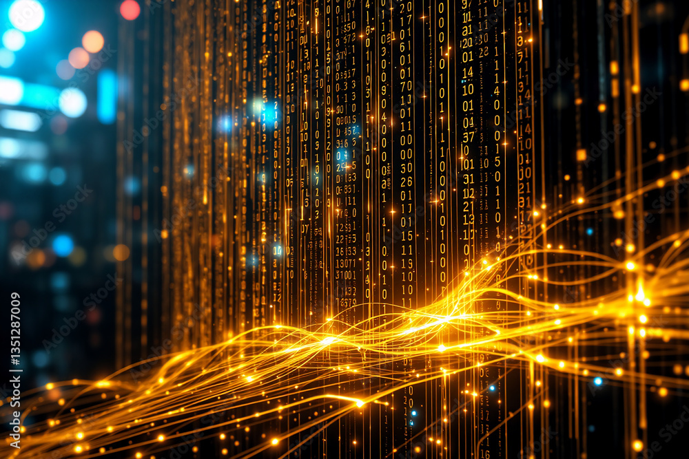Poster abstract digital streams of golden light flow against a dark backdrop with blurred bokeh lights, cre