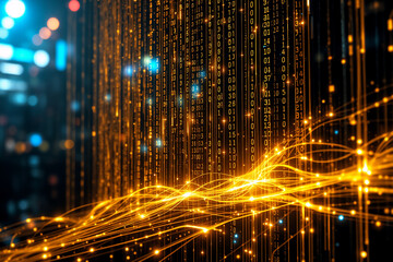 Abstract digital streams of golden light flow against a dark backdrop with blurred bokeh lights, creating a futuristic and technological visual.
