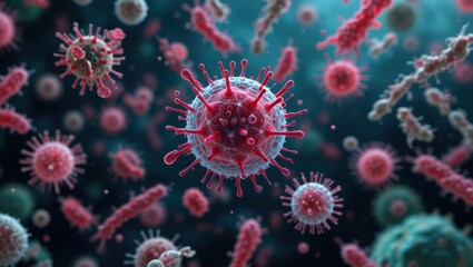 Detailed Visualization of Virus Structures with Colorful Spikes and Microbial Surroundings