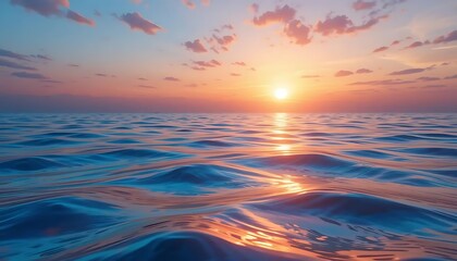 Fototapeta premium Serene Ocean Waves Reflecting a Vibrant Sunset Sky with Clouds, Creating a Peaceful and Tranquil Seascape at Twilight